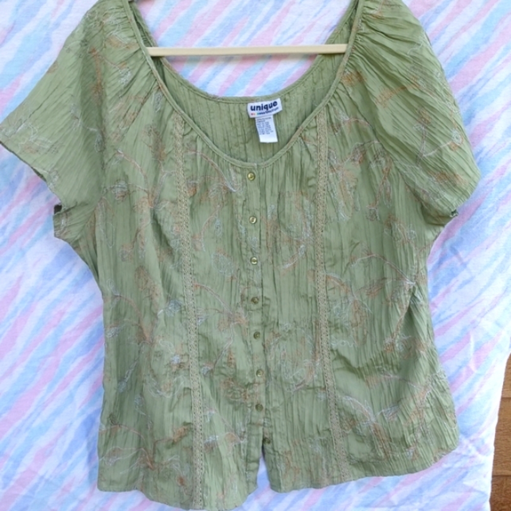 Y2K Vintage Cottagecore Gardengirl Plus Sized Embroidered Blouse In Sage Green